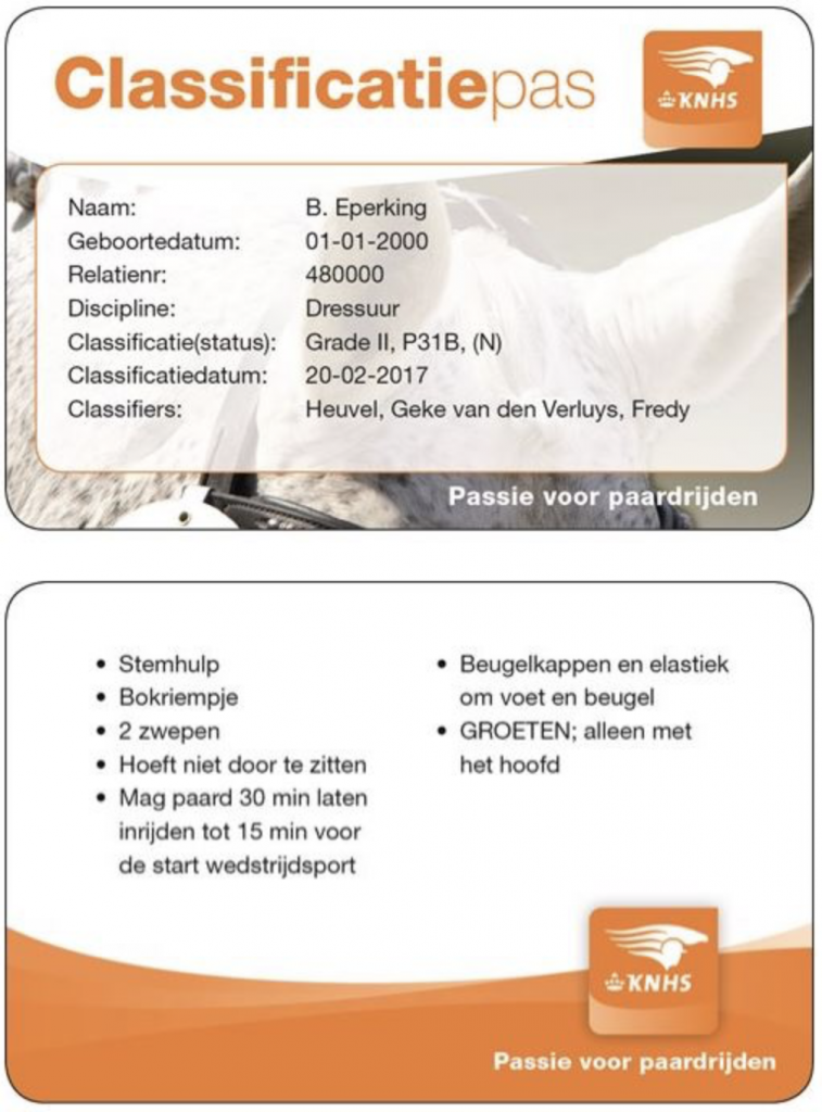 Op deze afbeelding is een classificatiepas te zien.