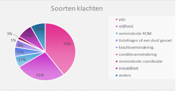 Cirkeldiagram over soorten klachten die bij overbelasting bij ruiters voorkomen